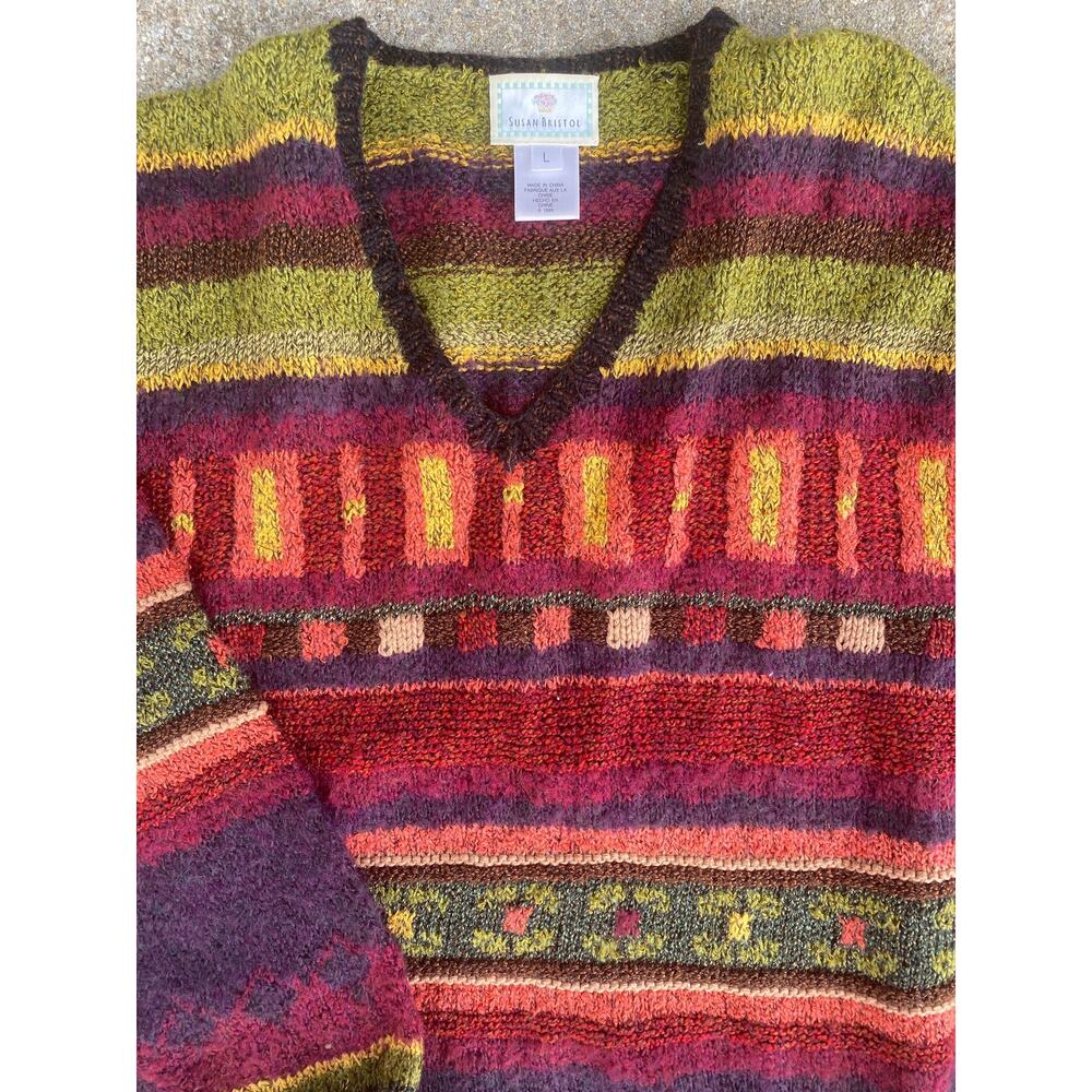 Vintage 80s 90s Susan Bristol women Large V Neck Patterned Sweater pullover - Picture 2 of 5